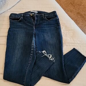 Dark wash jeans, high rise skinny ankle.